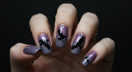 Woman's hand displaying a stylish gray ombre manicure with black bird silhouettes and silver studs