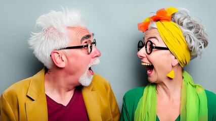Man and woman are posing for a picture with glasses and a scarf. The man is wearing a yellow jacket and the woman is wearing a green scarf. Scene is lighthearted and playful - Powered by Adobe