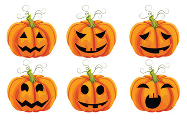 Halloween pumpkin faces generator. Vector cartoon pumpkin with scared and smiley faces. Illustration halloween scared face, pumpkin smiley.