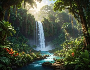 A lush, vibrant waterfall cascades through a dense tropical jungle, bathed in sunlight.