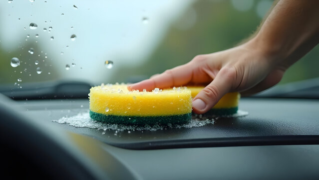 Hands Wiping Sponge along Door Jamb Rubber Seals