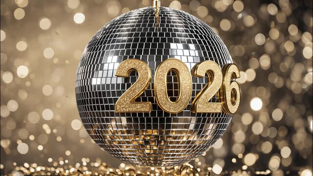 Golden "2026" numbers displayed on a shiny disco ball with sparkling festive lights in the background, symbolizing New Year celebration.