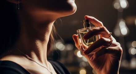 Close-up of an elegant woman spraying a fine mist of aromatic parfum on her neck, holding a classic bottle against a beautiful bokeh background.