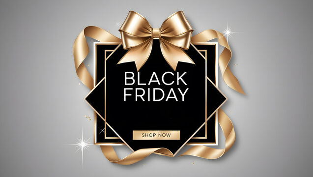 Black friday luxury gold bow ribbon on black framed badge with elegant typography and shop now button for premium discounts up to 50% off retail promotion poster and ecommerce marketing