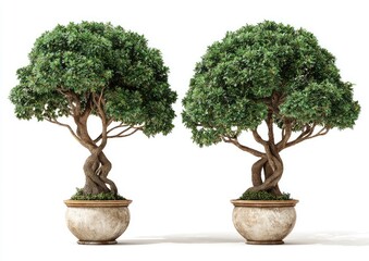 Two bonsai trees in decorative pots, isolated on white.  Dense green foliage, intertwined,  twisted trunks,  light beige/cream pots.  Photorealistic, 3D rendered, nature, plants