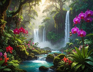 A vibrant tropical waterfall cascades through a lush, flower-filled jungle, bathed in warm sunlight.