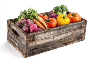 Fresh produce in a rustic wooden crate.  Colorful vegetables, including carrots, tomatoes, radishes, onions, and broccoli, fill a weathered wooden box