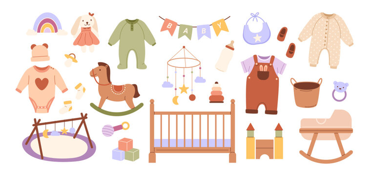 Set of baby stuff. Cute baby girl and boy clothes.Products, furniture for newborn baby. Crib, bottle, toys, clothing.