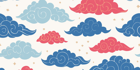 Elegant oriental seamless batik pattern of decorative blue and red clouds with gold accents, a traditional Asian style celestial background