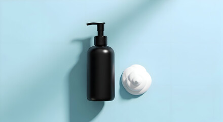 Obraz premium Elegant black bottle dispenser with white foam for cosmetic or hygiene product placement