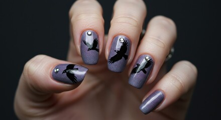 Gothic Raven Nail Art with Silver Rhinestone Accents