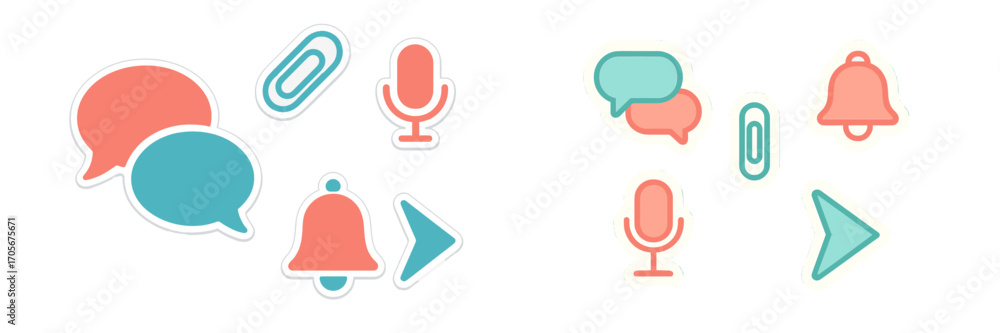 Poster modern communication and notification icons featuring speech bubbles, microphone, bell, and papercli