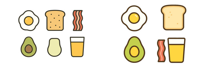 Variety of popular breakfast foods featuring fried eggs, crispy bacon, avocado, toast, and fresh orange juice