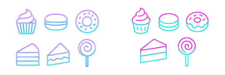 Modern collection of sweet dessert and candy icons featuring cupcakes, donuts, macarons, cake slices, and lollipops in a vibrant neon gradient outline style