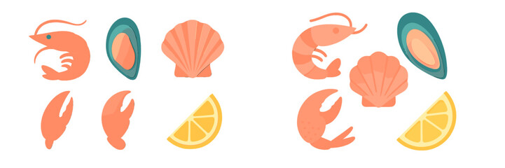 Collection of fresh marine delicacies including shrimp, mussels, scallops, crab claws, and lemon wedges in a vibrant paper cut style