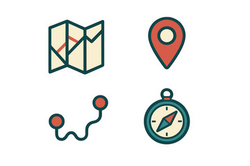 Digital set of navigation and travel icons featuring a map, location pin, compass, and winding route