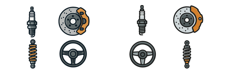 Automotive spare parts collection featuring spark plugs, brake discs, steering wheels, and shock absorbers