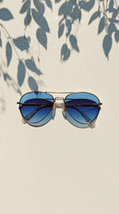 Blue gradient aviator sunglasses with gold metal frame on beige background with leaf shadow, stylish fashion eyewear accessory for summer vacation, trendy pilot style shades with tinted lenses