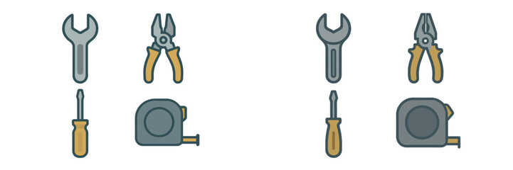 Collection of essential hand tools for repair and construction including wrench, pliers, screwdriver, and tape measure
