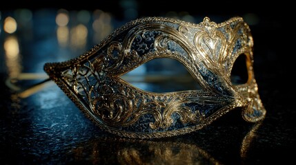 Ornate Venetian carnival mask with gold filigree on a dark reflective surface.