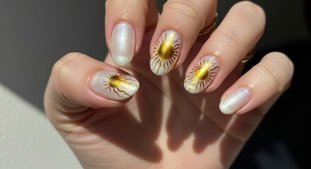 Radiant golden sun designs adorn beautifully manicured nails, showcasing elegant and creative nail art