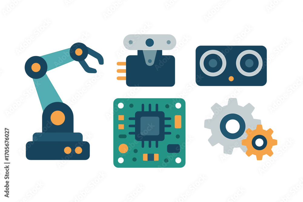Aufkleber industrial automation and advanced technology components featuring a robotic arm, microchip, and sen