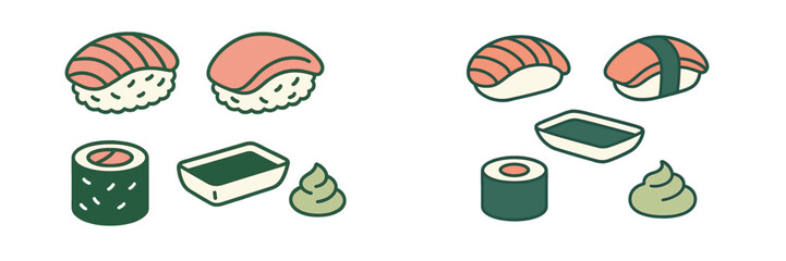 Assortment of traditional Japanese sushi pieces including nigiri, maki roll, soy sauce, and wasabi