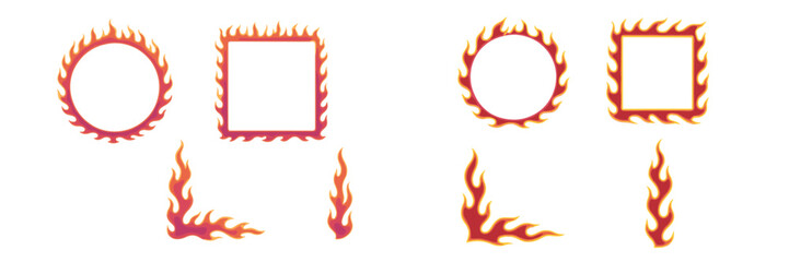 Vibrant fiery frames, borders, and decorative elements with burning flame patterns in various shapes and styles
