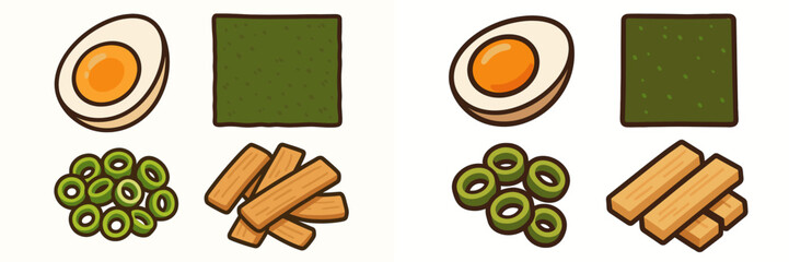 Delicious Asian food ingredients for a flavorful ramen soup, featuring a perfectly boiled egg, fresh seaweed, vibrant scallions, and crispy fried tofu pieces