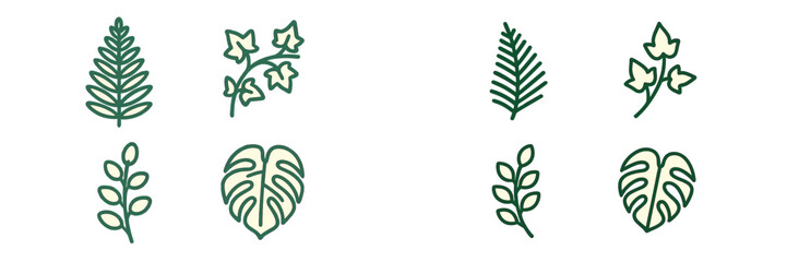 Botanical collection of diverse green plant leaves and foliage elements including fern, ivy, and monstera on a clean white background