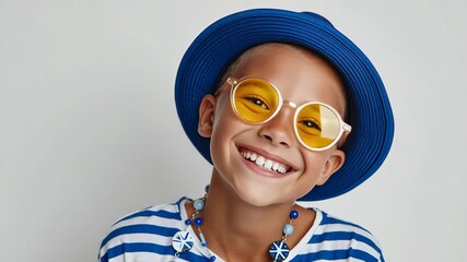 Young boy wearing a blue hat and yellow glasses is smiling. He is wearing a blue and white striped shirt and a blue and white striped hat