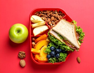 Colorful lunchbox with sandwich and fruit