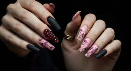 Elegant manicure with matte black nails, red rhinestones, and delicate pink floral art design