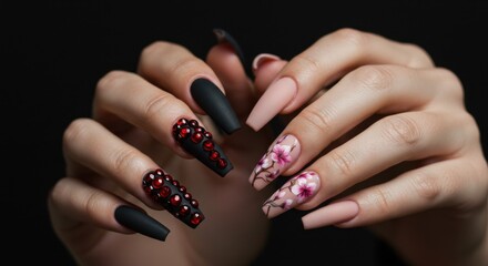Elegant hands displaying a collection of beautifully designed artificial nails, featuring matte finishes, floral patterns, and sparkling rhinestones