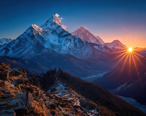 Dawn's First Light: Jagged Mountain Peaks Emerging from Mist, Snow-Capped Summit Illuminated, Atmospheric Layers, Serene and Majestic View, Medium Format Capture