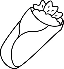 Black and white line drawing of a burrito with visible fillings food illustration