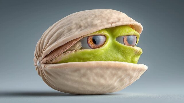 Green and white face made out of a nut. The nut is open and the face is looking at the camera