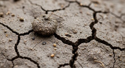 Cracked earth with small clod resting on dry surface, closeup view