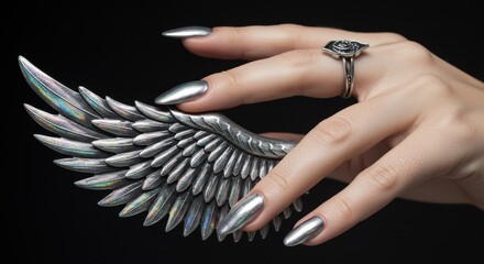Close-up of a Woman's Hand with Silver Nail Polish Holding a Feathered Wing