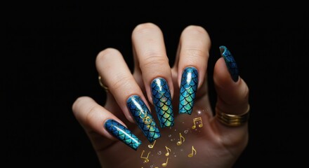Captivating Mermaid Scale Nails with Musical Notes and Gold Rings