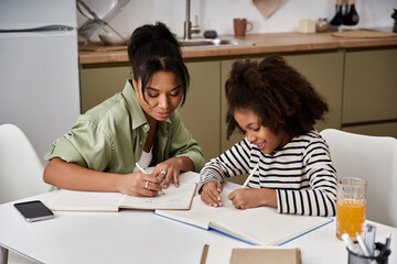 Obraz premium Mother and daughter enjoy creative time together at home in a cozy kitchen space