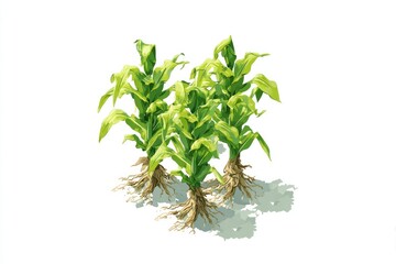 Four corn plants in isometric view.  Roots visible.  Bright, stylized illustration