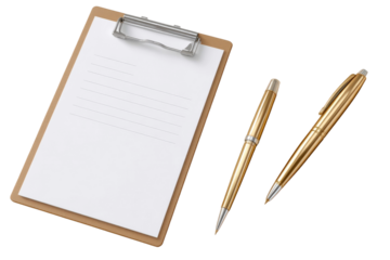 Elegant gold pens and blank clipboard on white background for creative and administrative use in professional and personal projects