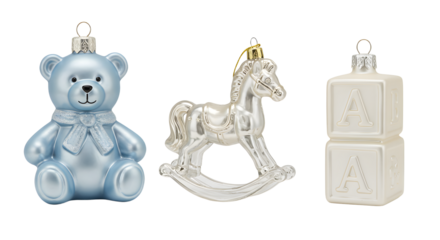 Blue teddy bear, rocking horse, and alphabet blocks Christmas ornaments set, perfect for holiday decoration and festive home decor