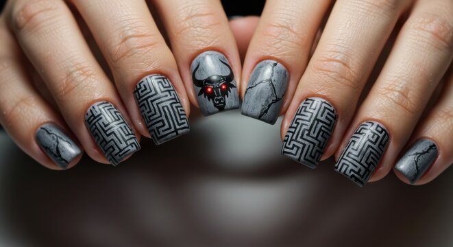 Detailed gothic nail art featuring a mythical creature with red eyes and a grey stone labyrinth design - Powered by Adobe