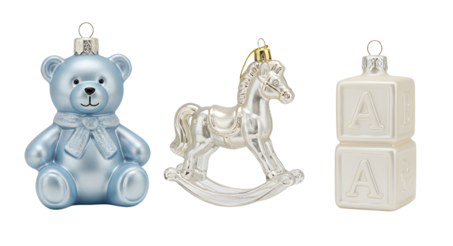 Blue teddy bear, rocking horse, and alphabet blocks Christmas ornaments set, perfect for holiday decoration and festive home decor