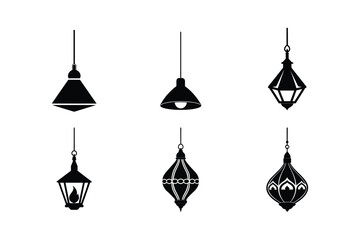hanging lamp bundle set linocut style silhouette vector illustration on white background
