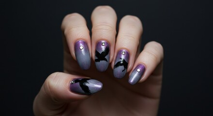 Bird-Themed Nail Art with Gradient Gray and Purple Polish