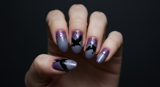 Bird-Themed Nail Art with Gradient Gray and Purple Polish