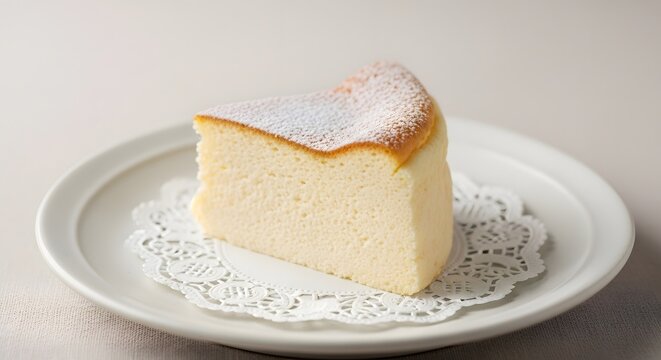 A single slice of light and airy Japanese-style souffl&eacute; cheesecake, dusted with powdered sugar, served on a classic white plate